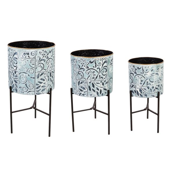 Painted Metal Planters with Stand Set of 3