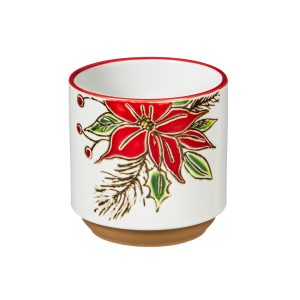 This 4" Ceramic Cachepot adds to the Holiday Magic. The Poinsettia is red with green leaves on a white background.