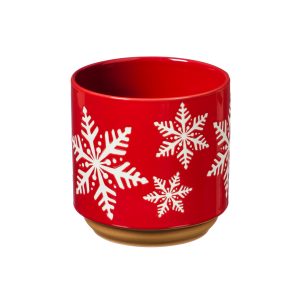 This 4" Ceramic Cachepot adds to the Holiday Magic. The Snowflake is white on a red background. Find the perfect spot indoors for planter.