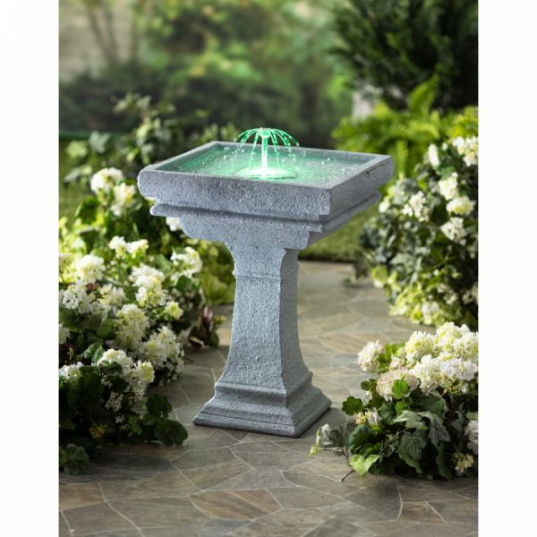 This Reinaissance-style square birdbath comes equipped with Evergreen's Smart Fountain technology and makes a beautiful statement in any garden. Customized features include LED lights that change colors, 3 water height options, and timer settings.