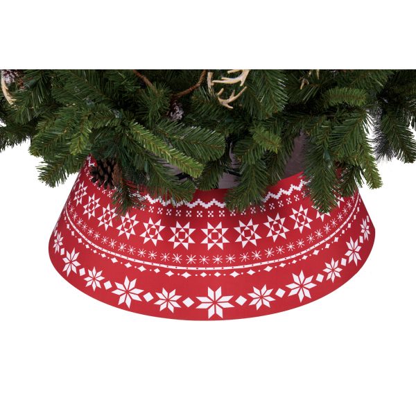 Christmas Tree Collar with the look of a Christmas Sweater goes under the tree to cover the lower truck and tress stand. It is red with white snow flakes.